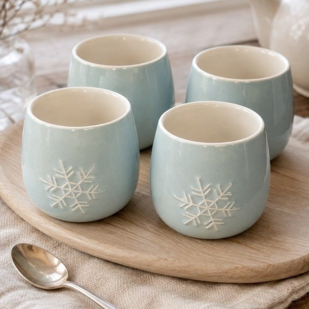 Tea Forte Light Blue Snowflake Ceramic Tea Cups Set of 4 Handleless Double Wall